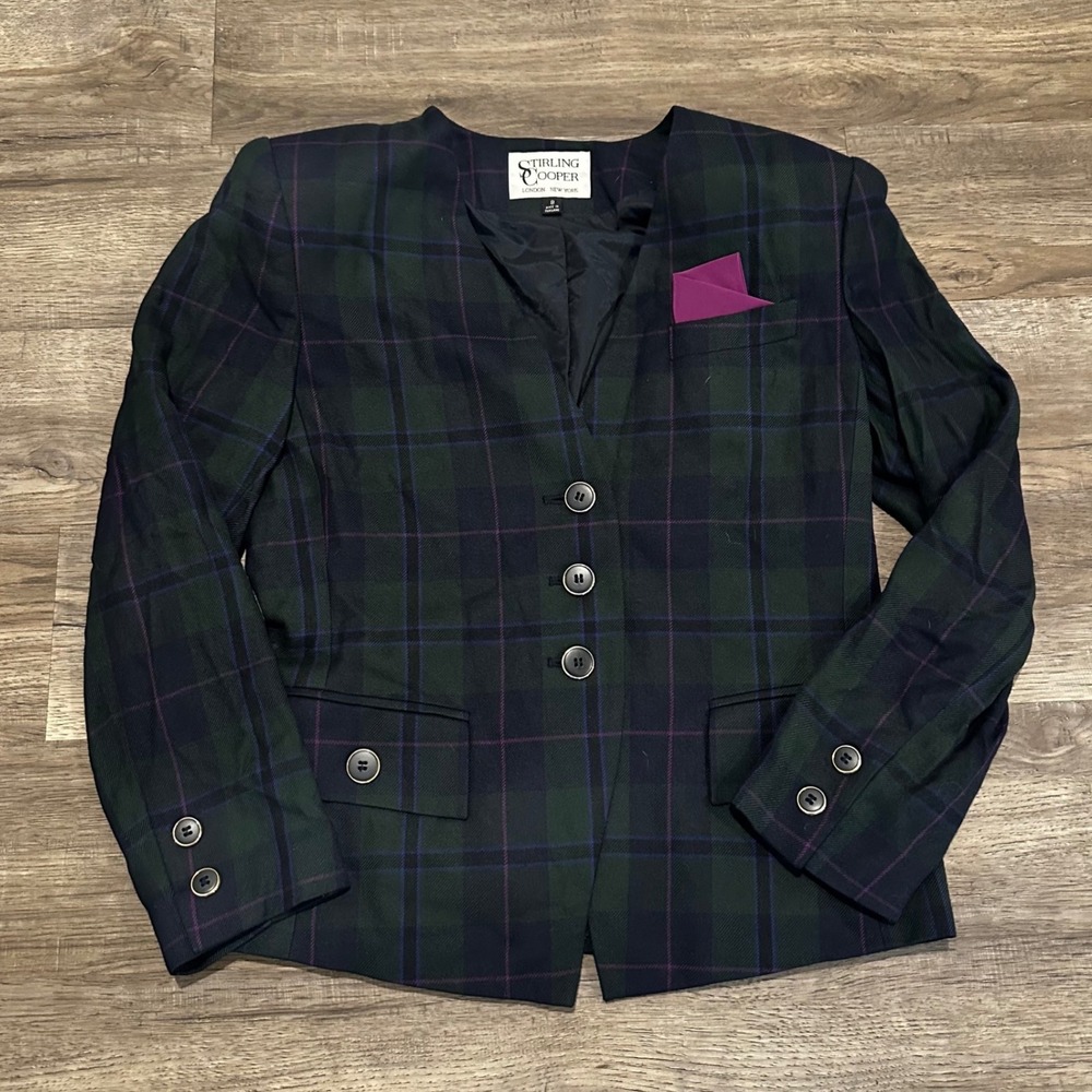 VTG Stirling Cooper Tartan Plaid Green Navy Plaid Collarless Blazer Jacket Sz 8